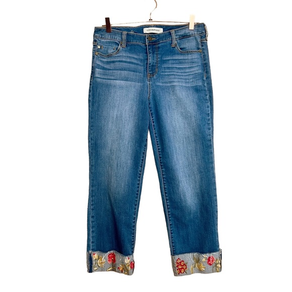 Liverpool Jeans Liverpool The Crop Womens Blue Whisker Boho Floral Embroidered Cuff Jeans